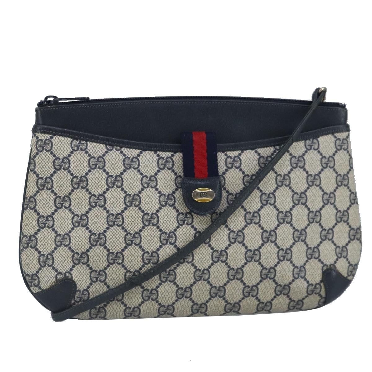 GUCCI GG Supreme Sherry Line Shoulder Bag PVC Navy Gold Auth 99028