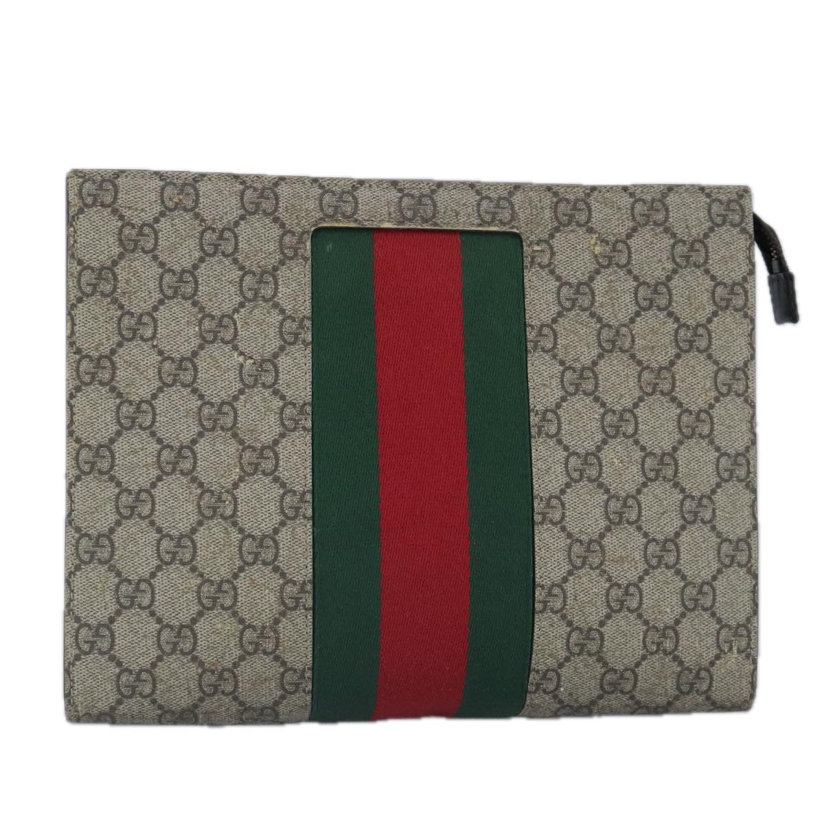 GUCCI GG Supreme Web Sherry Line Clutch Bag PVC Beige Red Auth 99029