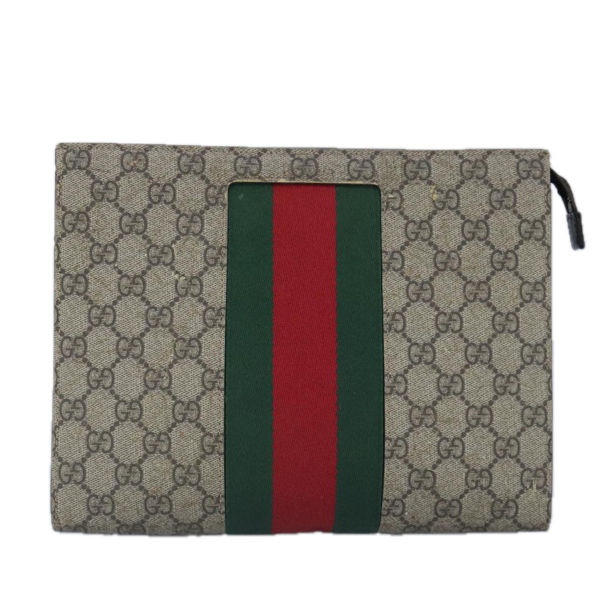 GUCCI GG Supreme Web Sherry Line Clutch Bag PVC Beige Red Auth 99029