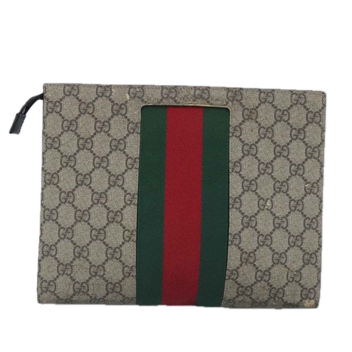 GUCCI GG Supreme Web Sherry Line Clutch Bag PVC Beige Red Auth 99029 - 0