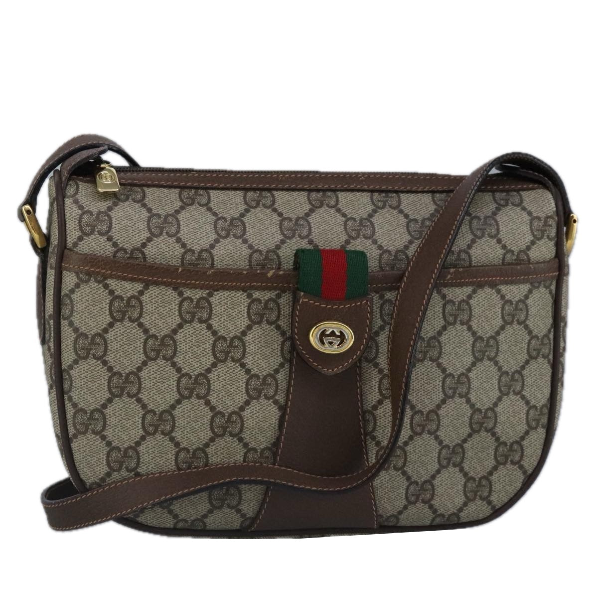 GUCCI GG Supreme Web Sherry Line Shoulder Bag PVC Beige Red Auth 99031