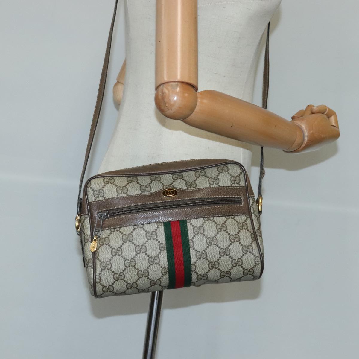 GUCCI GG Supreme Web Sherry Line Shoulder Bag PVC Beige Red Auth 99032