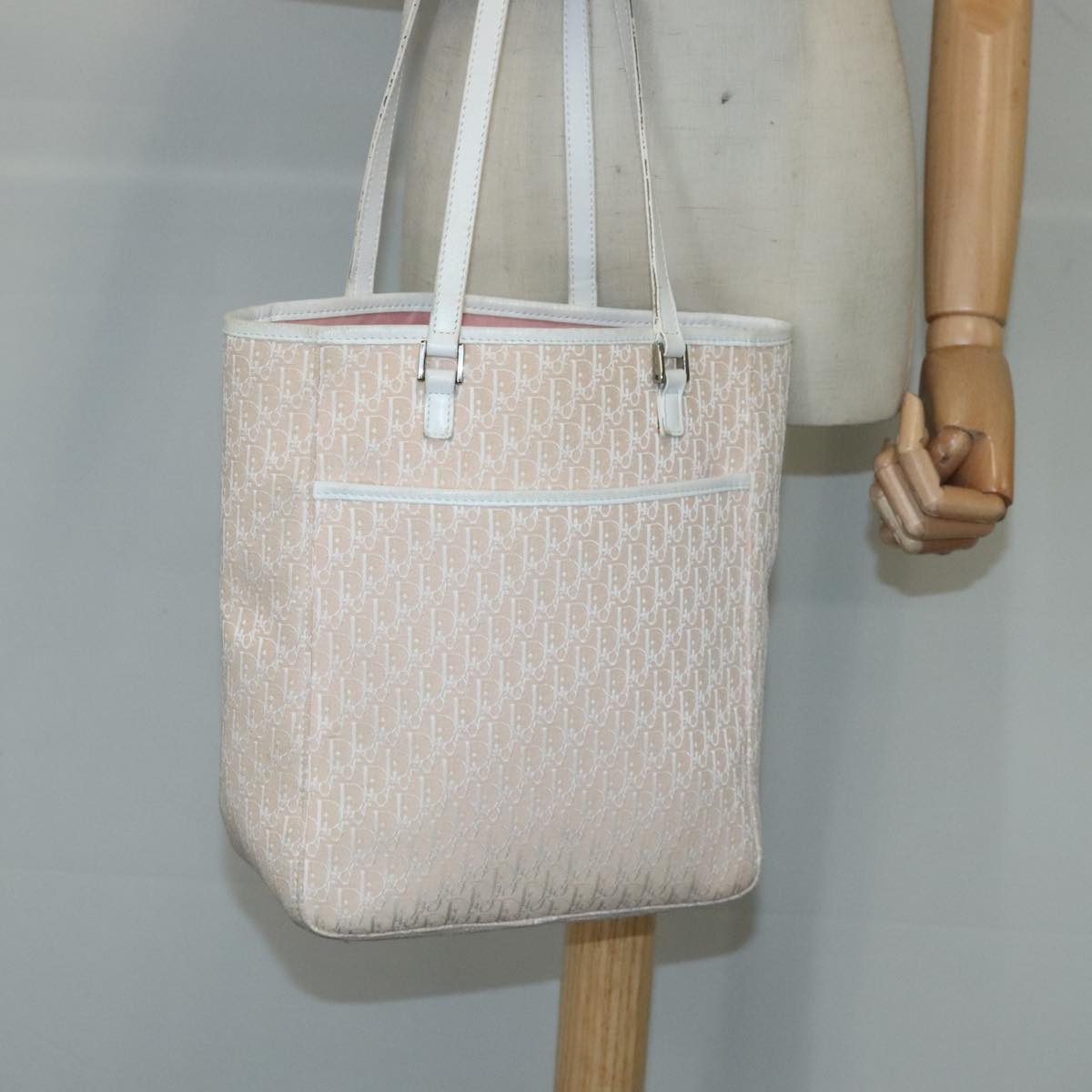 Christian Dior Trotter Canvas Tote Bag Pink Silver Auth 99037