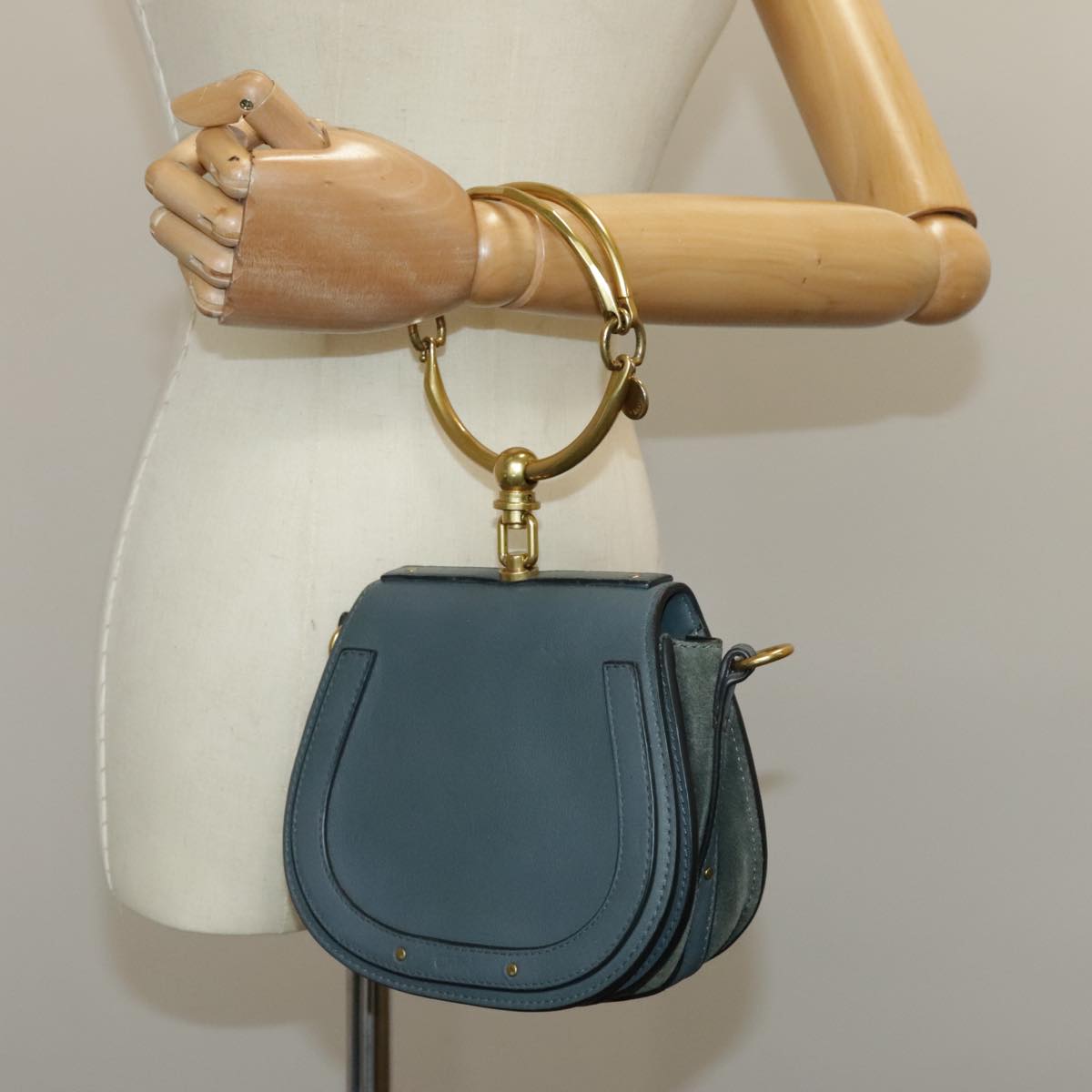 Chloe Nile small bracelet Hand Bag Leather 2way Blue Gold Auth 99046