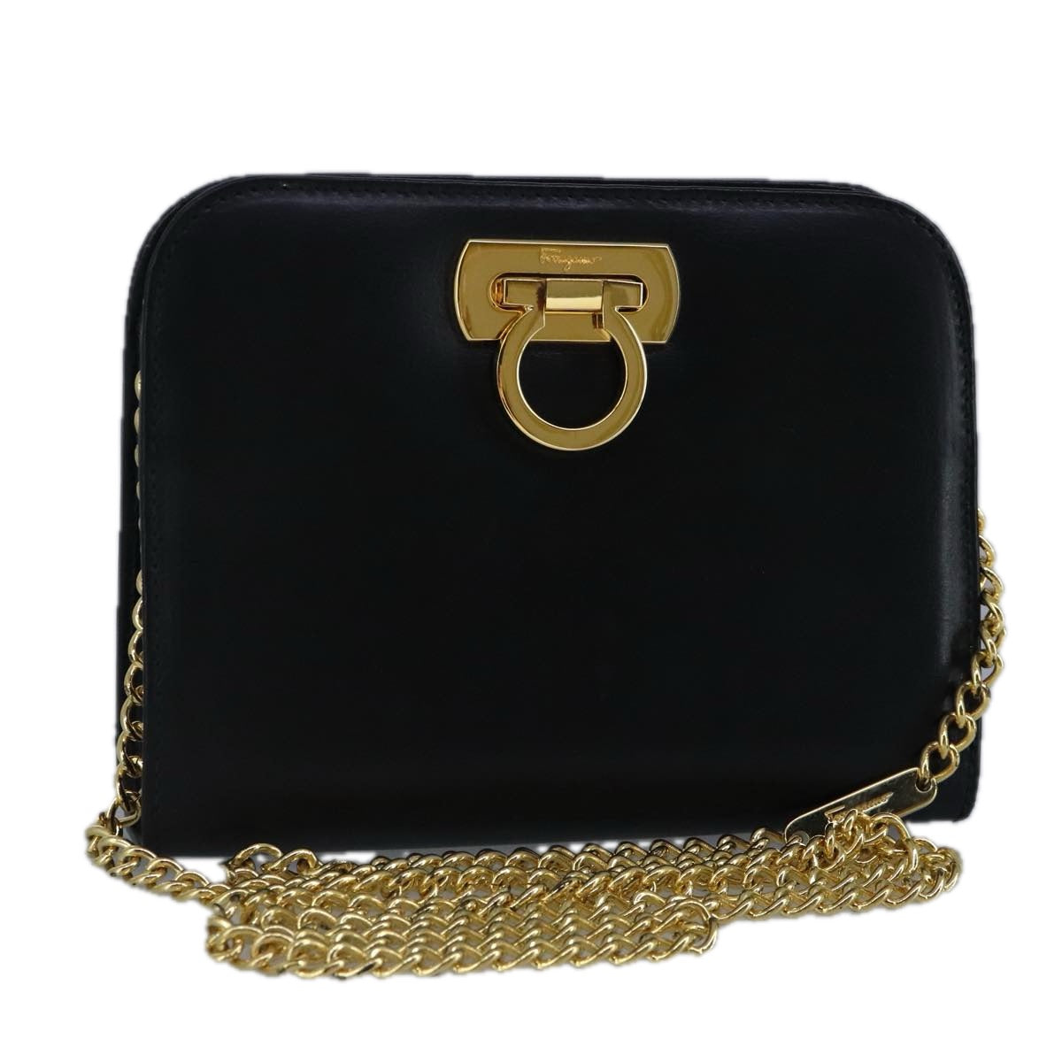 Salvatore Ferragamo Gancini Chain Shoulder Bag Leather Black Gold Auth 99048