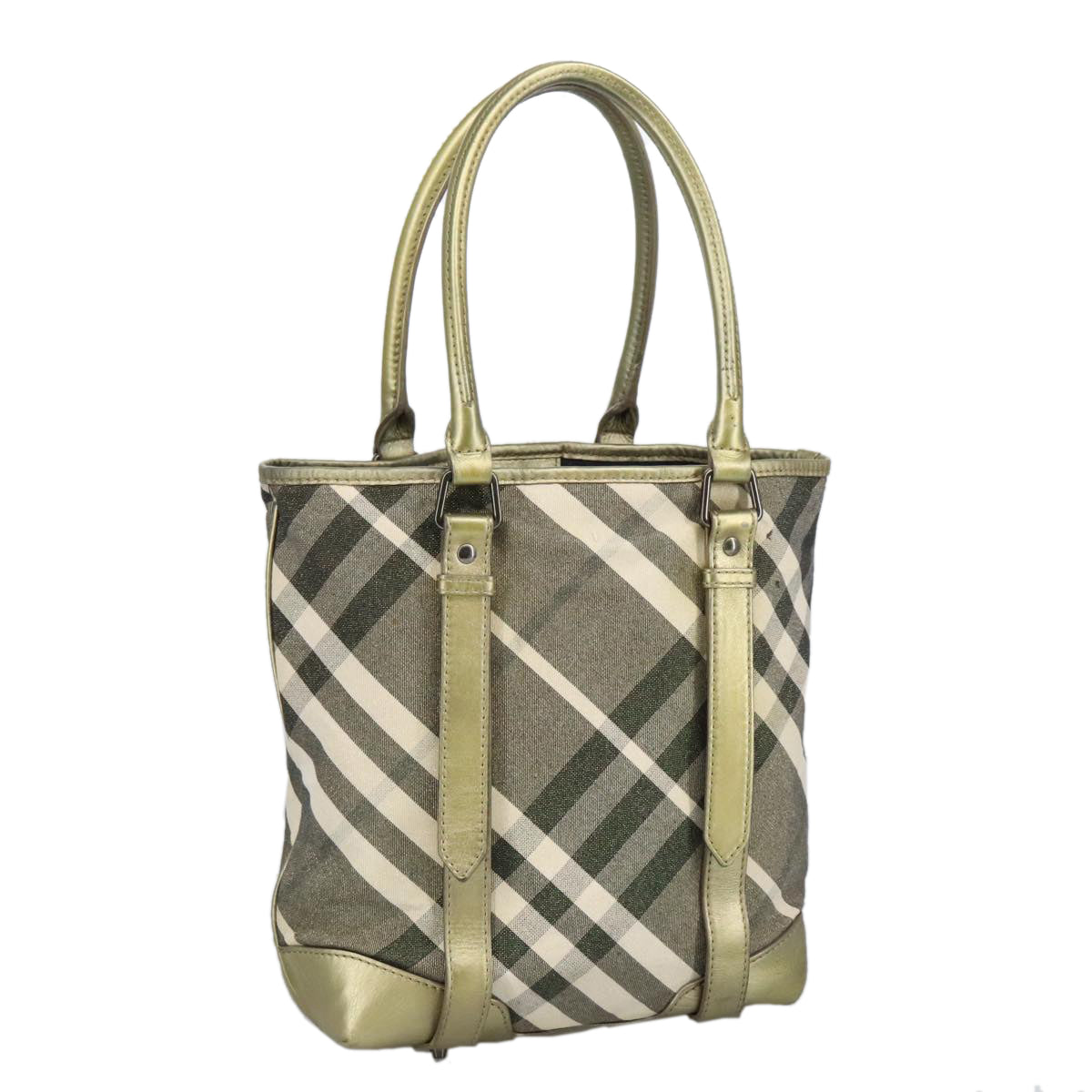 BURBERRY Nova Check Hand Bag Canvas Green Gold Tone Auth 99125