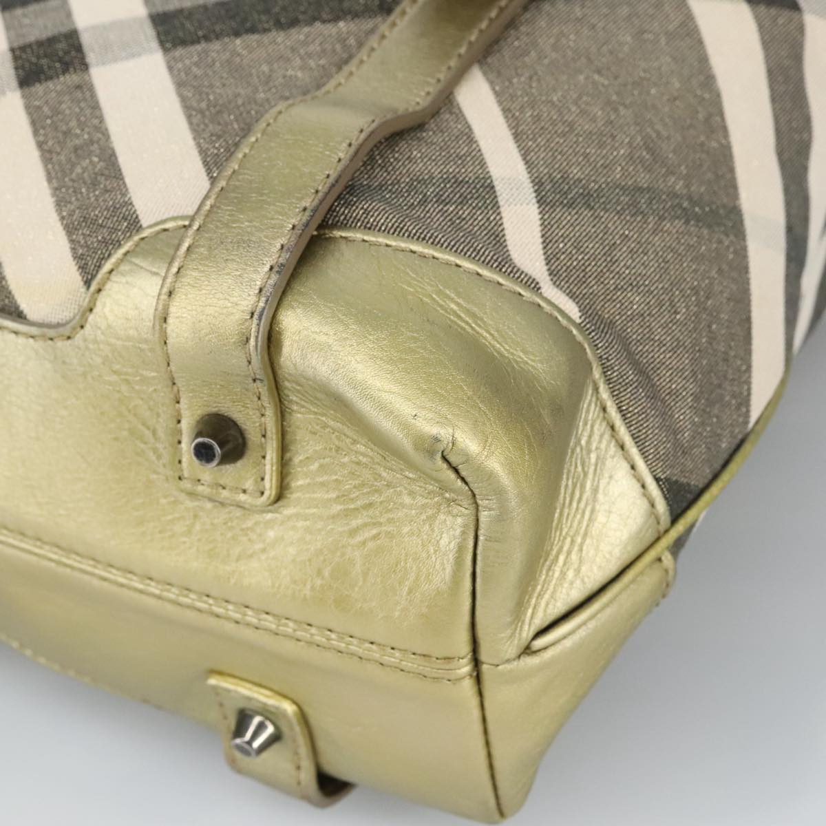 BURBERRY Nova Check Hand Bag Canvas Green Gold Tone Auth 99125