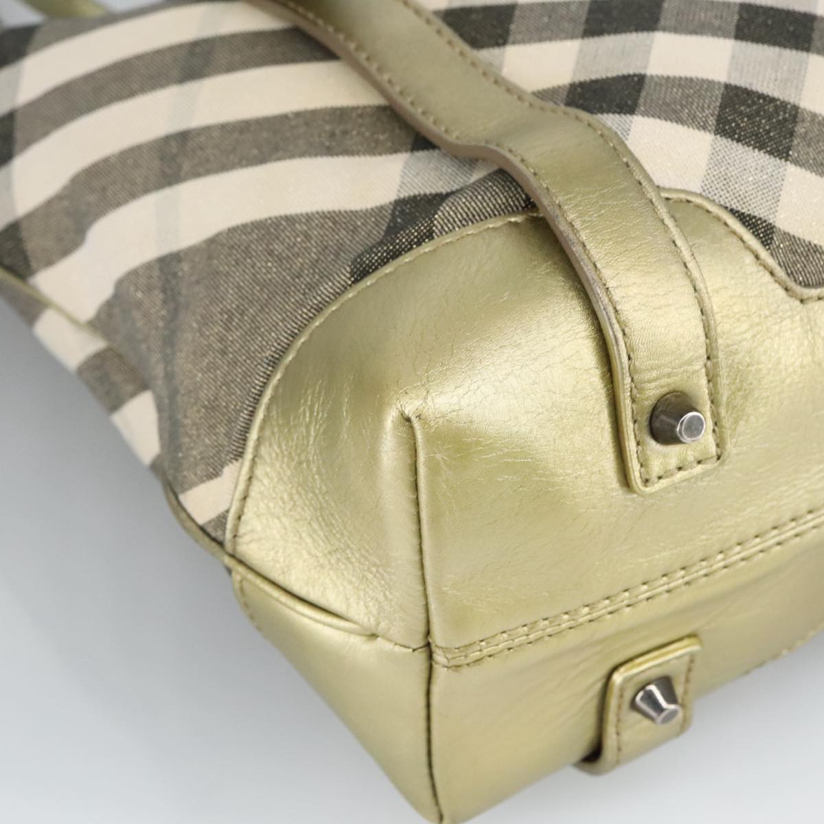 BURBERRY Nova Check Hand Bag Canvas Green Gold Tone Auth 99125