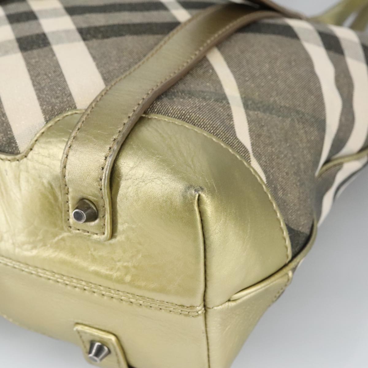 BURBERRY Nova Check Hand Bag Canvas Green Gold Tone Auth 99125