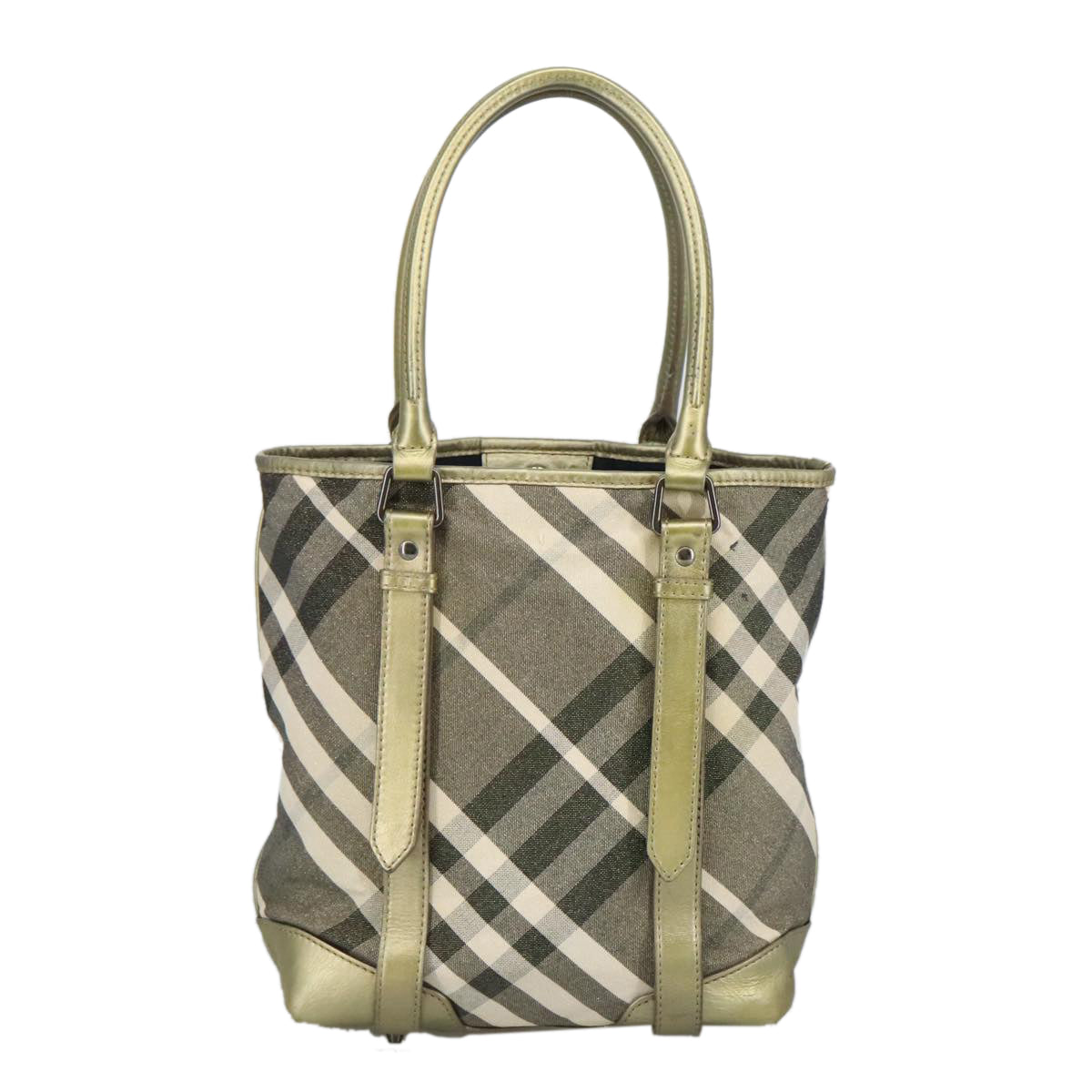 BURBERRY Nova Check Hand Bag Canvas Green Gold Tone Auth 99125