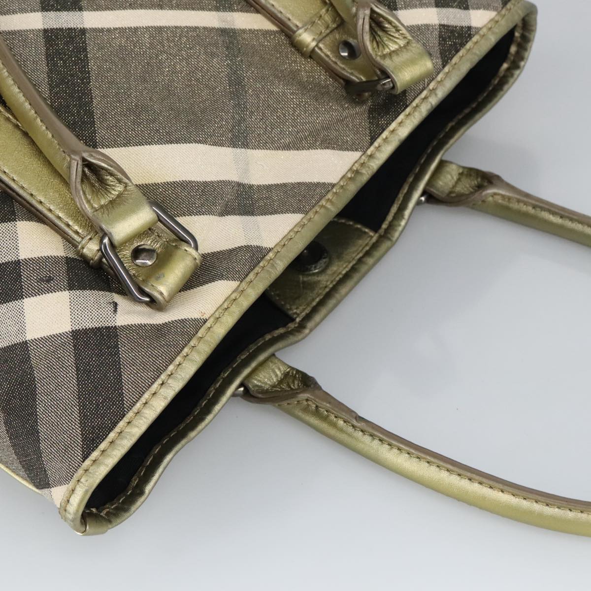 BURBERRY Nova Check Hand Bag Canvas Green Gold Tone Auth 99125