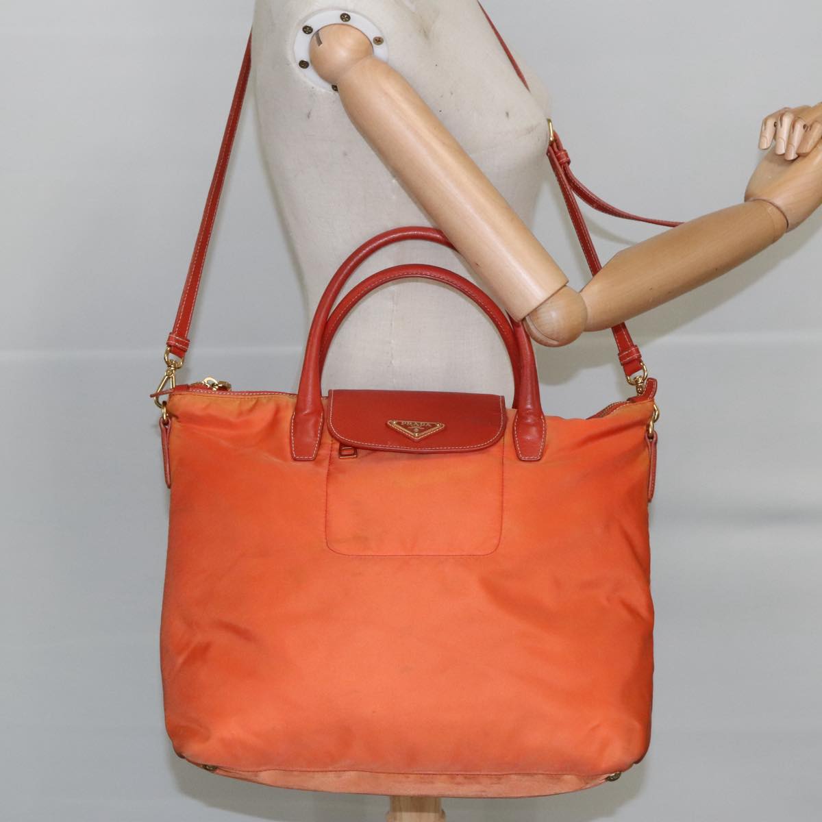 PRADA Hand Bag Nylon Leather 2way Orange Auth 99127