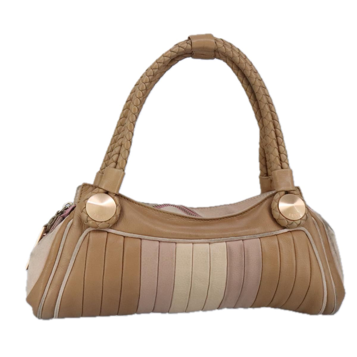 FENDI Hand Bag Leather Beige Auth 99133