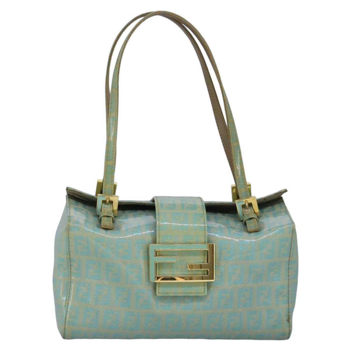 FENDI Zucchino Canvas Hand Bag Patent leather Green Auth 99134