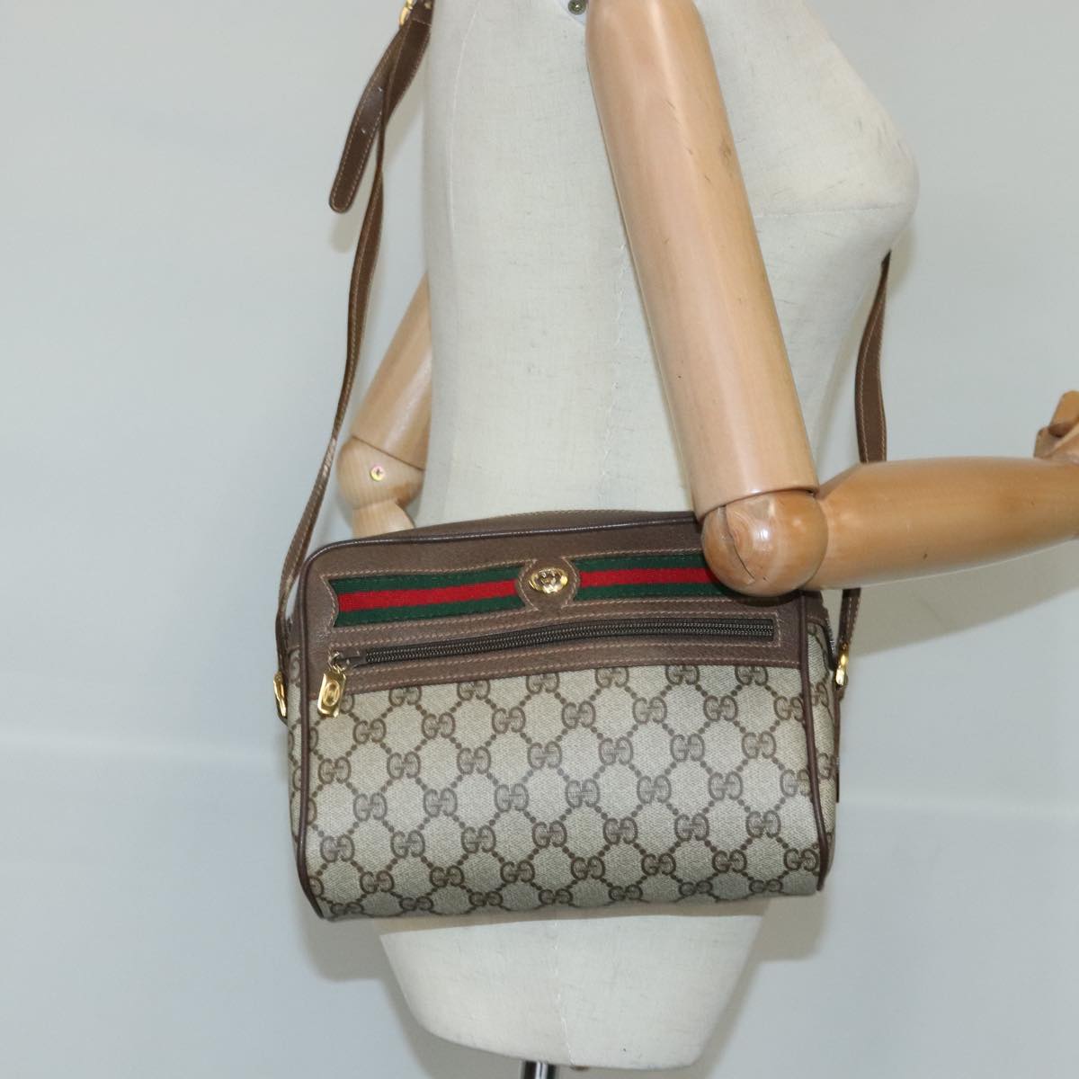 GUCCI GG Supreme Web Sherry Line Shoulder Bag PVC Beige Red Auth 99136