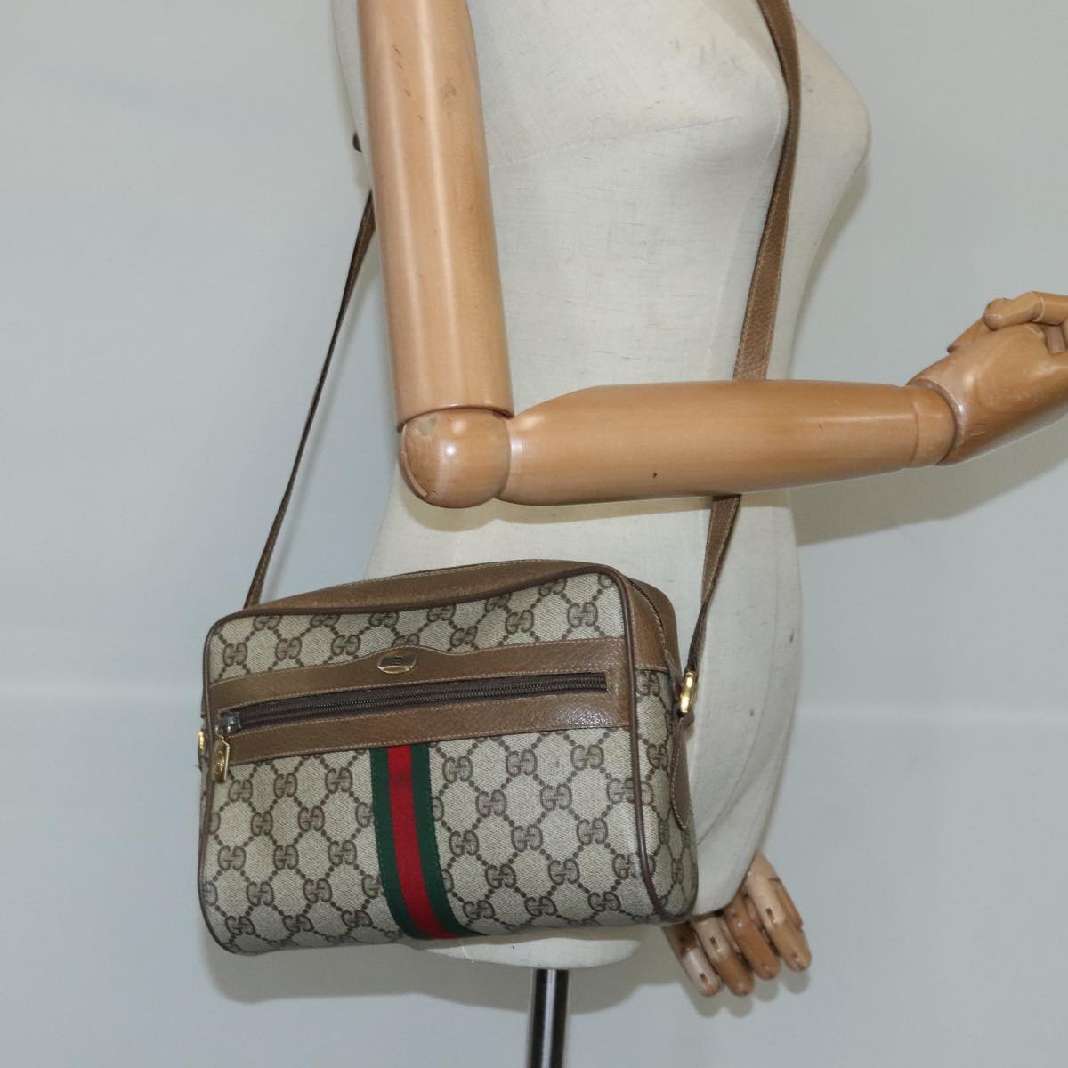 GUCCI GG Supreme Web Sherry Line Shoulder Bag PVC Beige Red Auth 99137