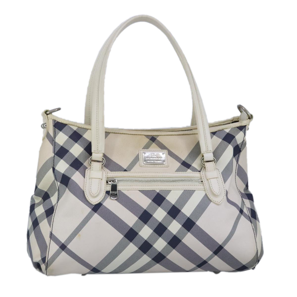 BURBERRY Nova Check Blue Label Tote Bag Canvas Leather White Navy Auth 99150