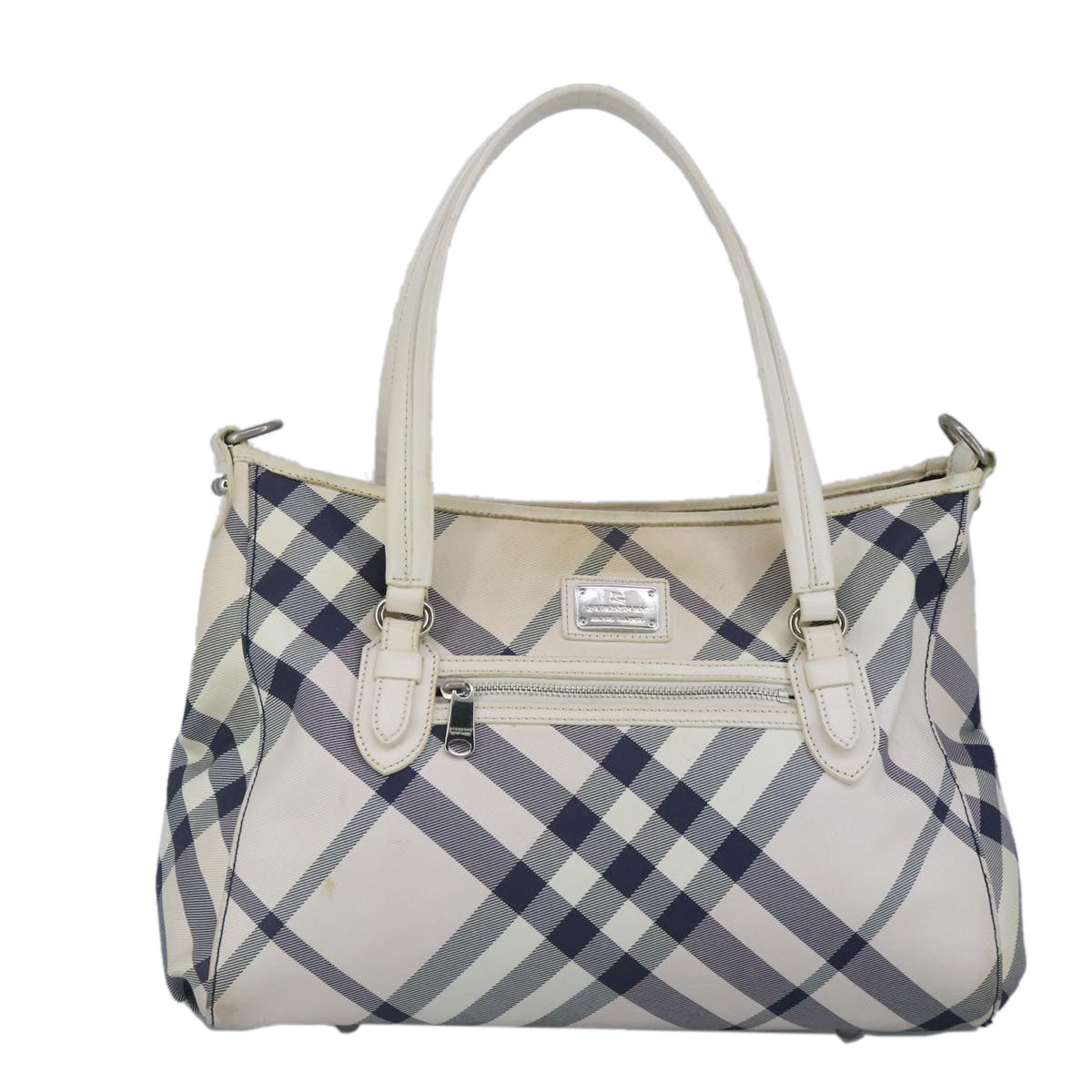 BURBERRY Nova Check Blue Label Tote Bag Canvas Leather White Navy Auth 99150