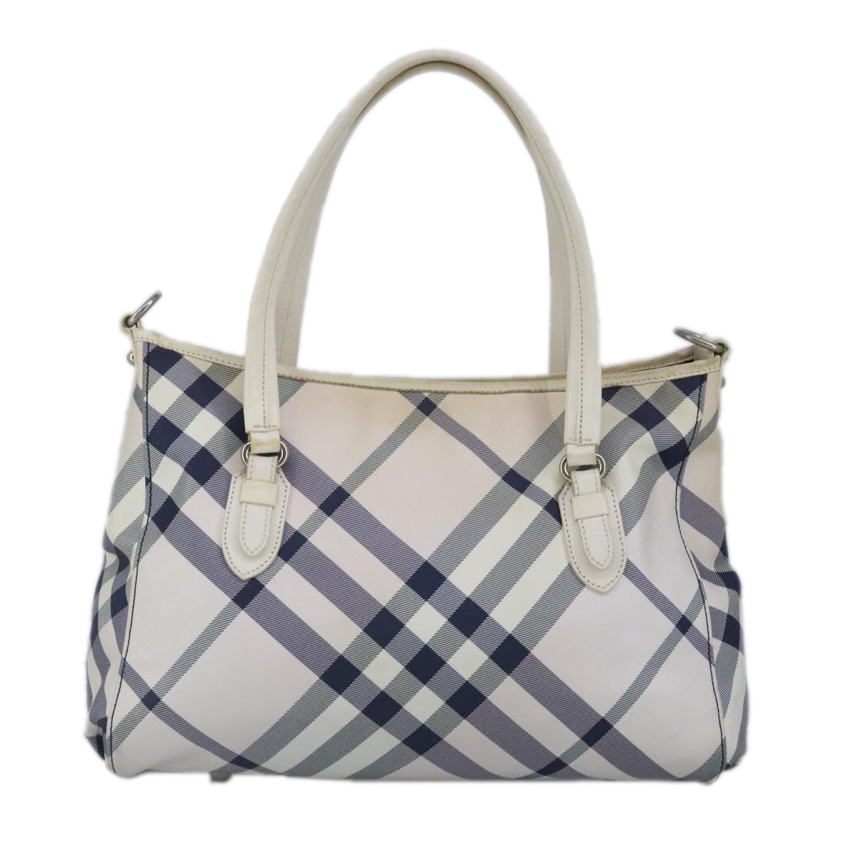 BURBERRY Nova Check Blue Label Tote Bag Canvas Leather White Navy Auth 99150 - 0