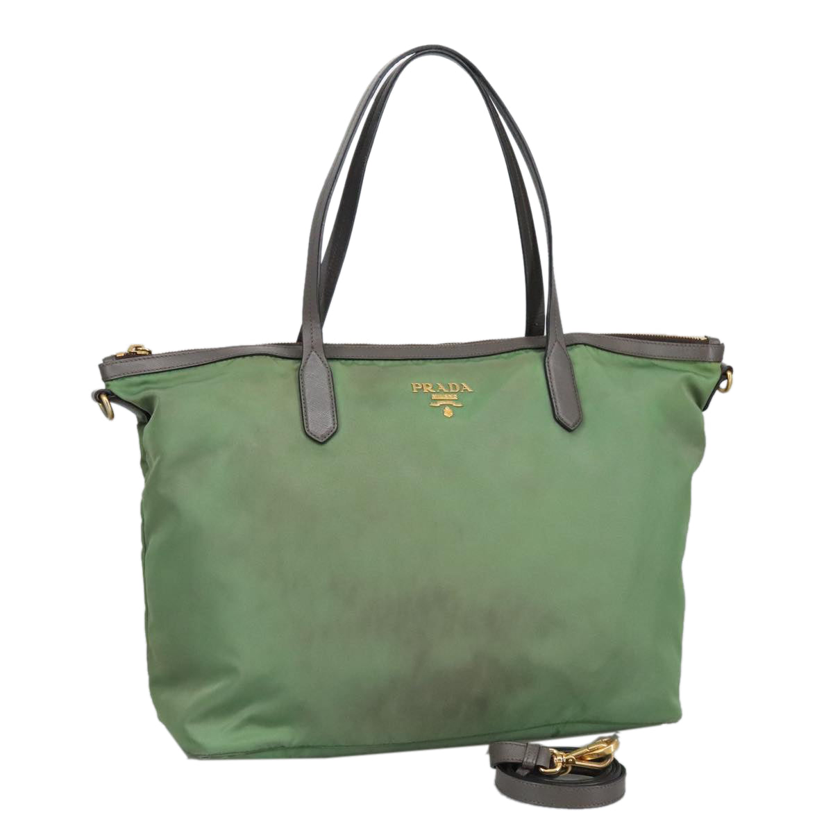 PRADA Tote Bag Nylon Leather 2way Green Gold Auth 99157