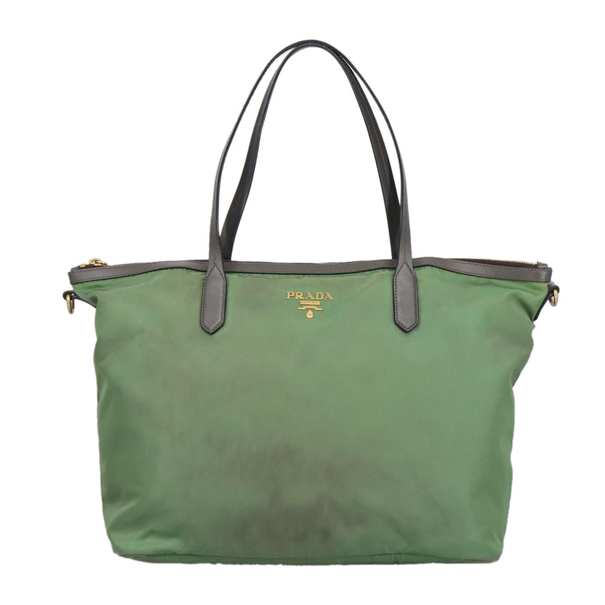 PRADA Tote Bag Nylon Leather 2way Green Gold Auth 99157 - 0