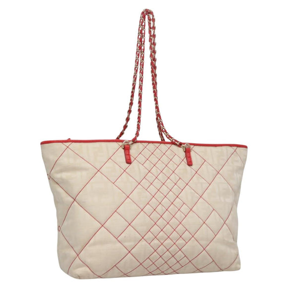 FENDI Zucca Canvas Chain Tote Bag Beige Auth 99179