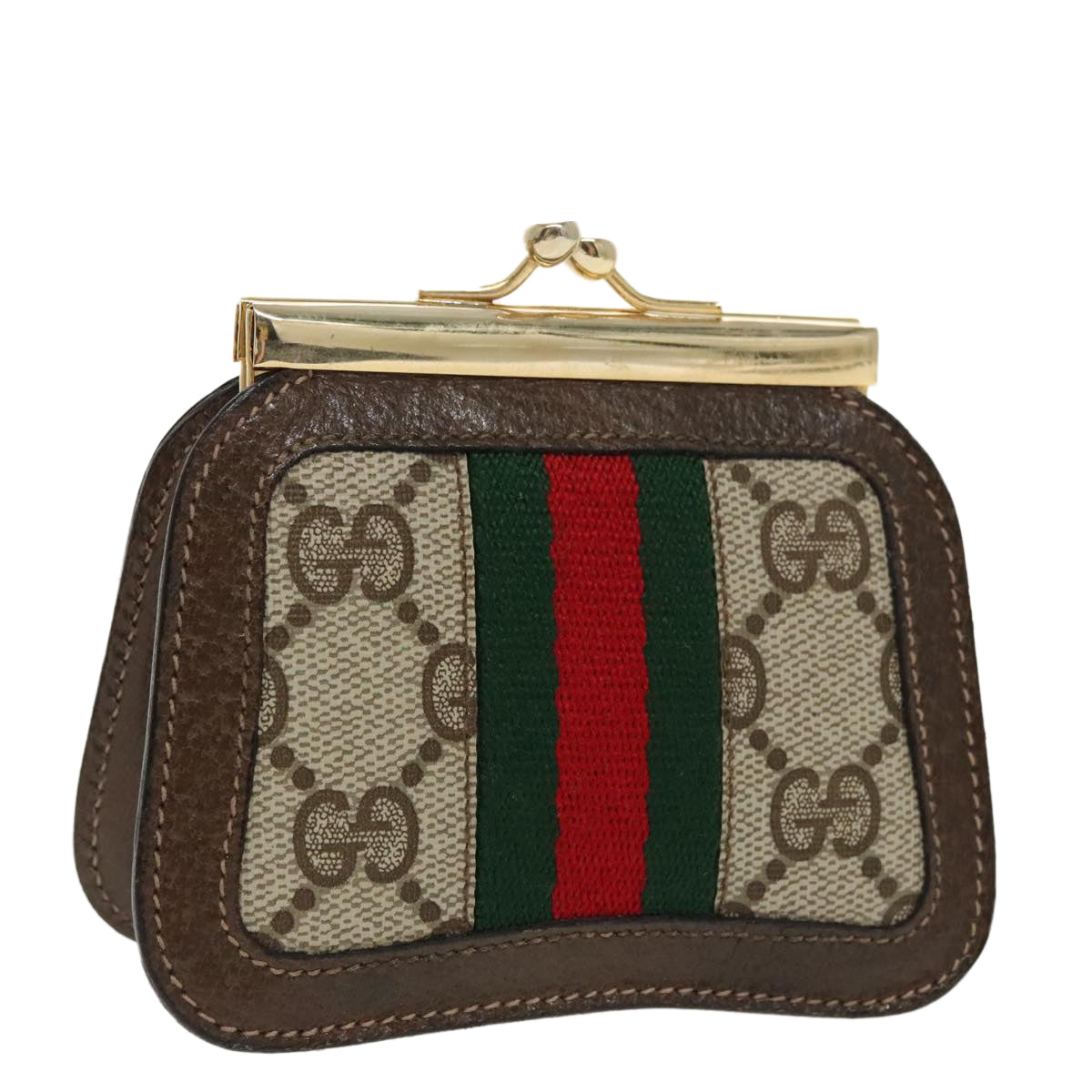 GUCCI GG Supreme Web Sherry Line Coin Purse PVC Beige Gold Red Auth 99225