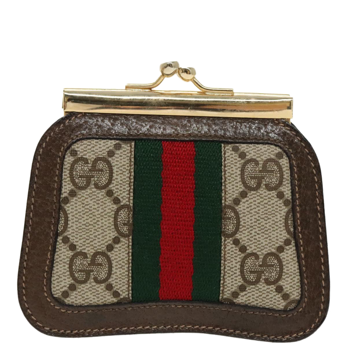 GUCCI GG Supreme Web Sherry Line Coin Purse PVC Beige Gold Red Auth 99225