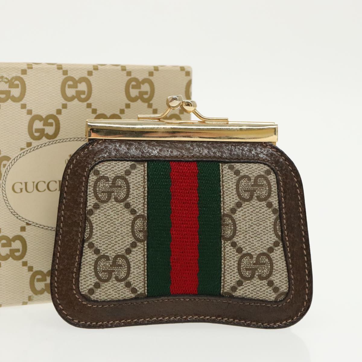 GUCCI GG Supreme Web Sherry Line Coin Purse PVC Beige Gold Red Auth 99225