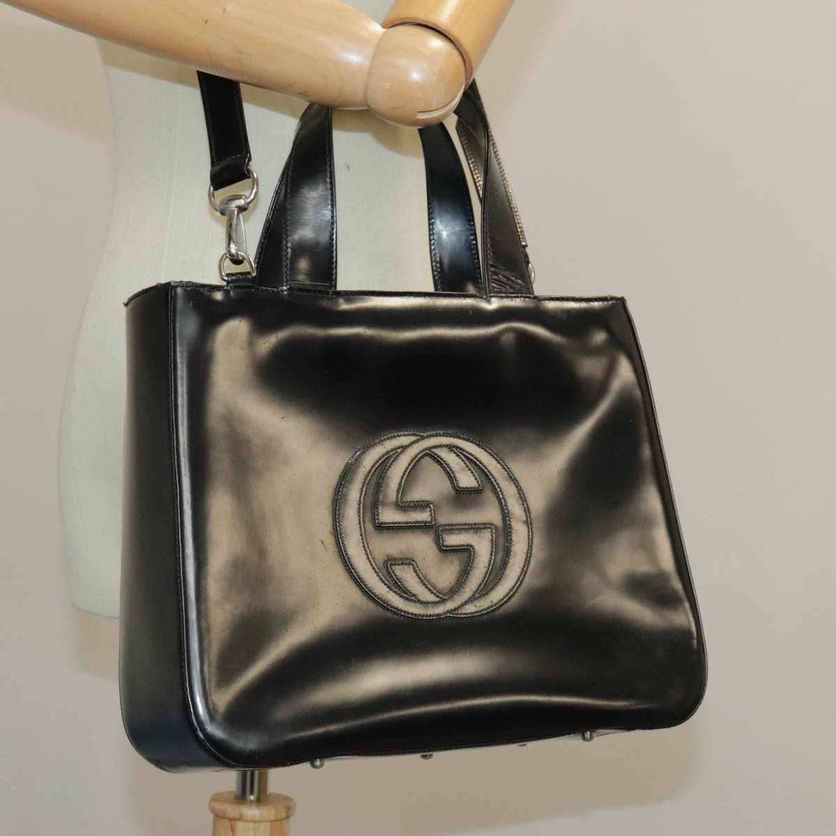 GUCCI Hand Bag Enamel 2way Black Silver 000 2058 0504 5 Auth 99303