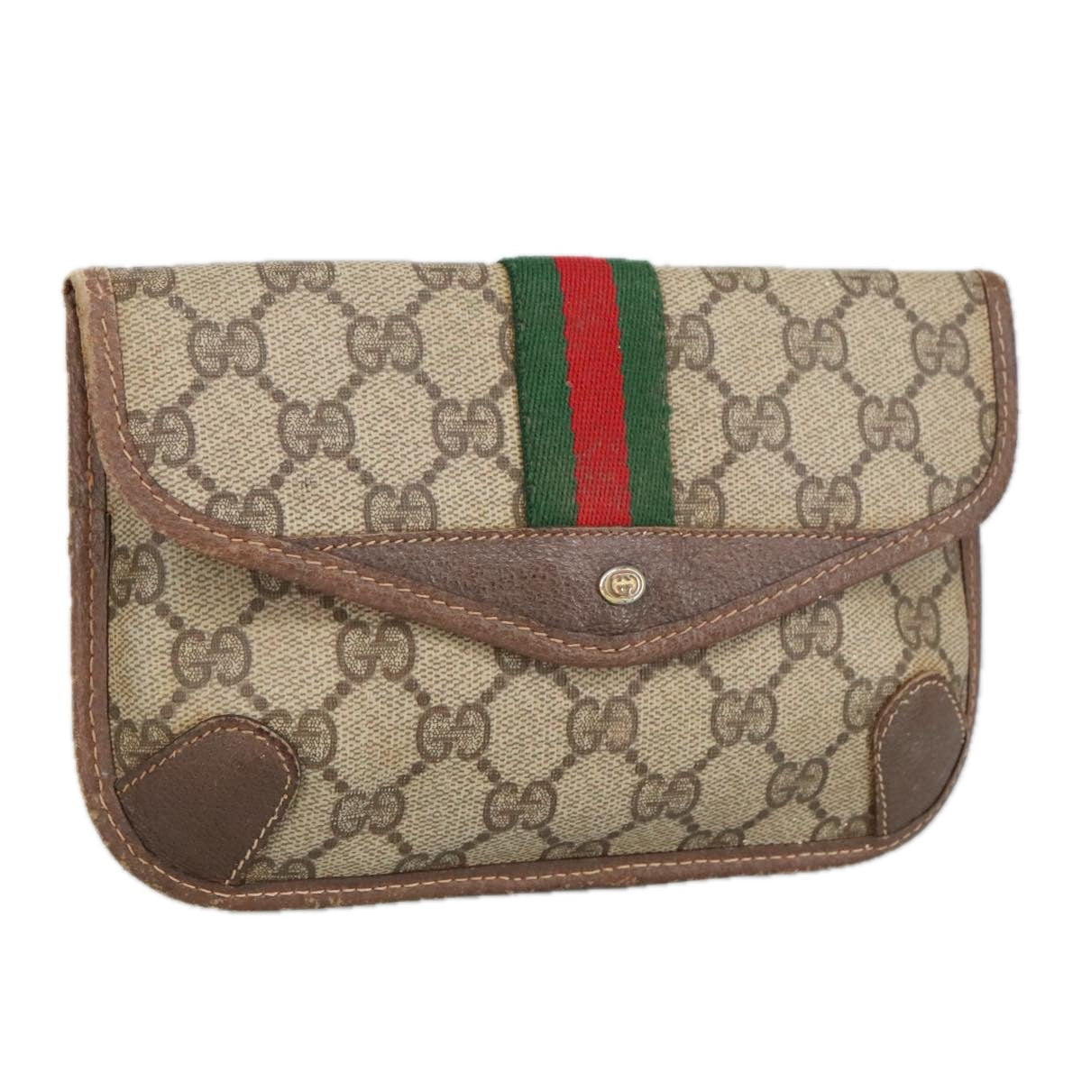 GUCCI GG Supreme Web Sherry Line Pouch PVC Beige Red Green 89 01 021 Auth 99314