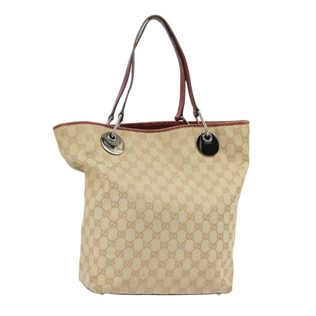 GUCCI GG Canvas Tote Bag Beige Silver Red 120836 Auth 99322