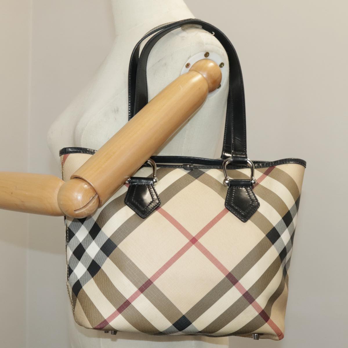 BURBERRY Nova Check Hand Bag PVC Beige Auth 99323