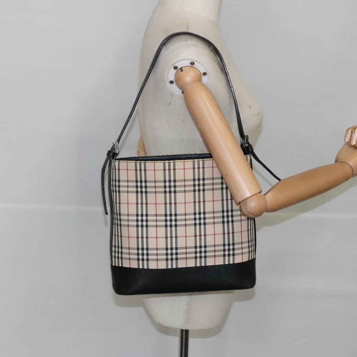 BURBERRY Nova Check Shoulder Bag Canvas Beige Silver Auth 99332