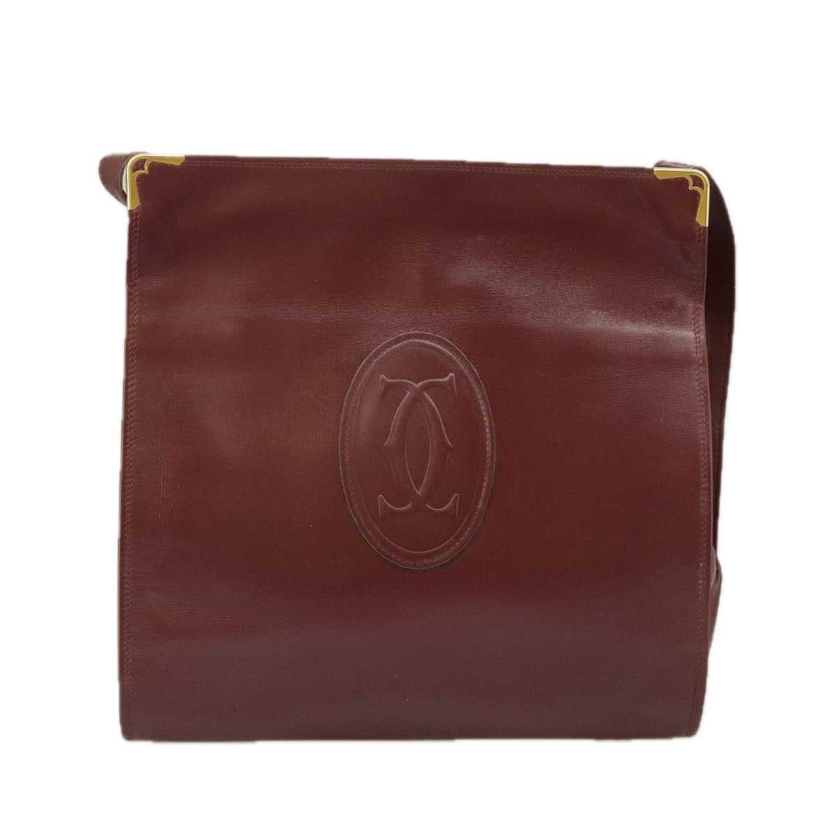 CARTIER Shoulder Bag Leather Gold Wine Red Auth 99354