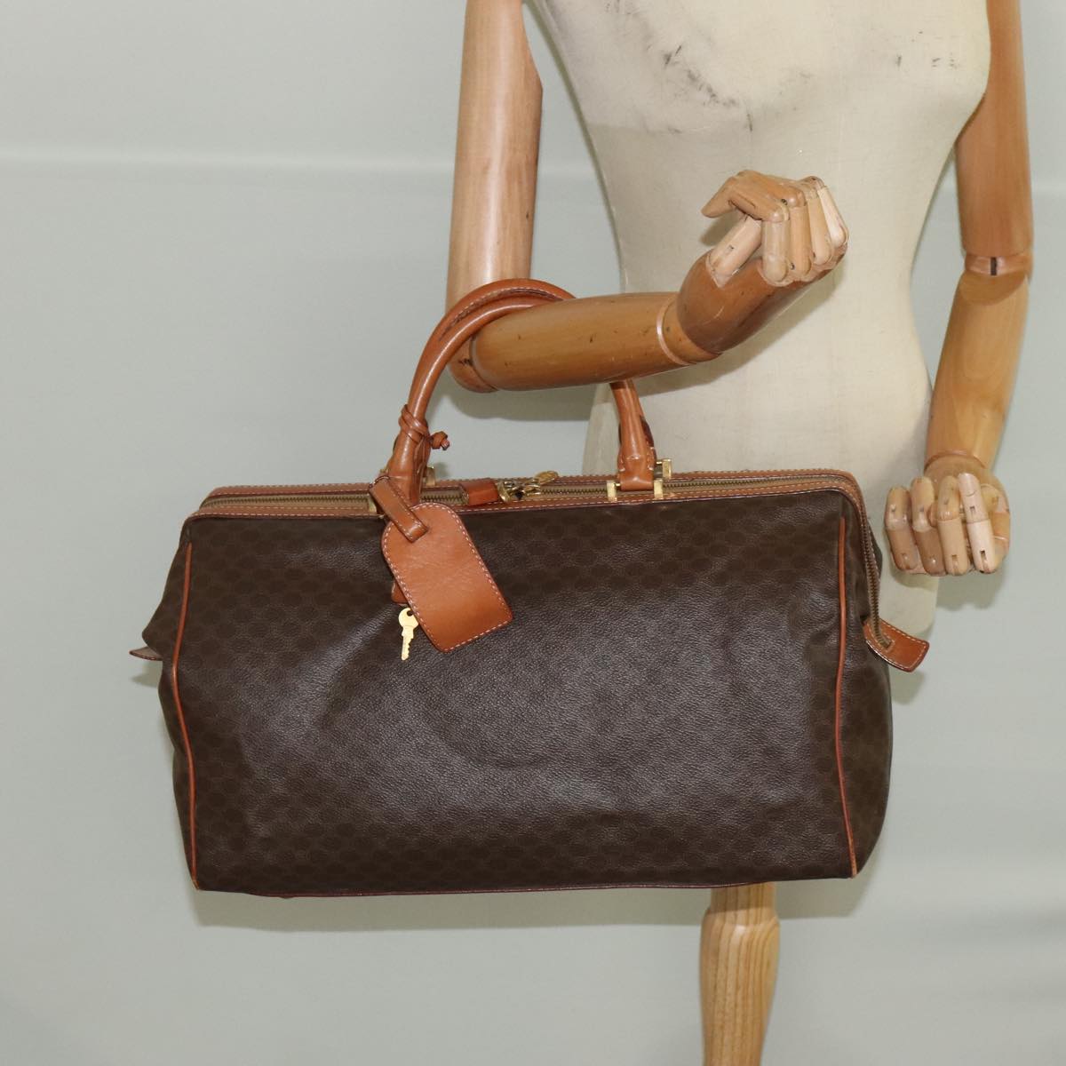 CELINE Macadam Canvas Boston Bag PVC Leather Brown Gold Auth 99360