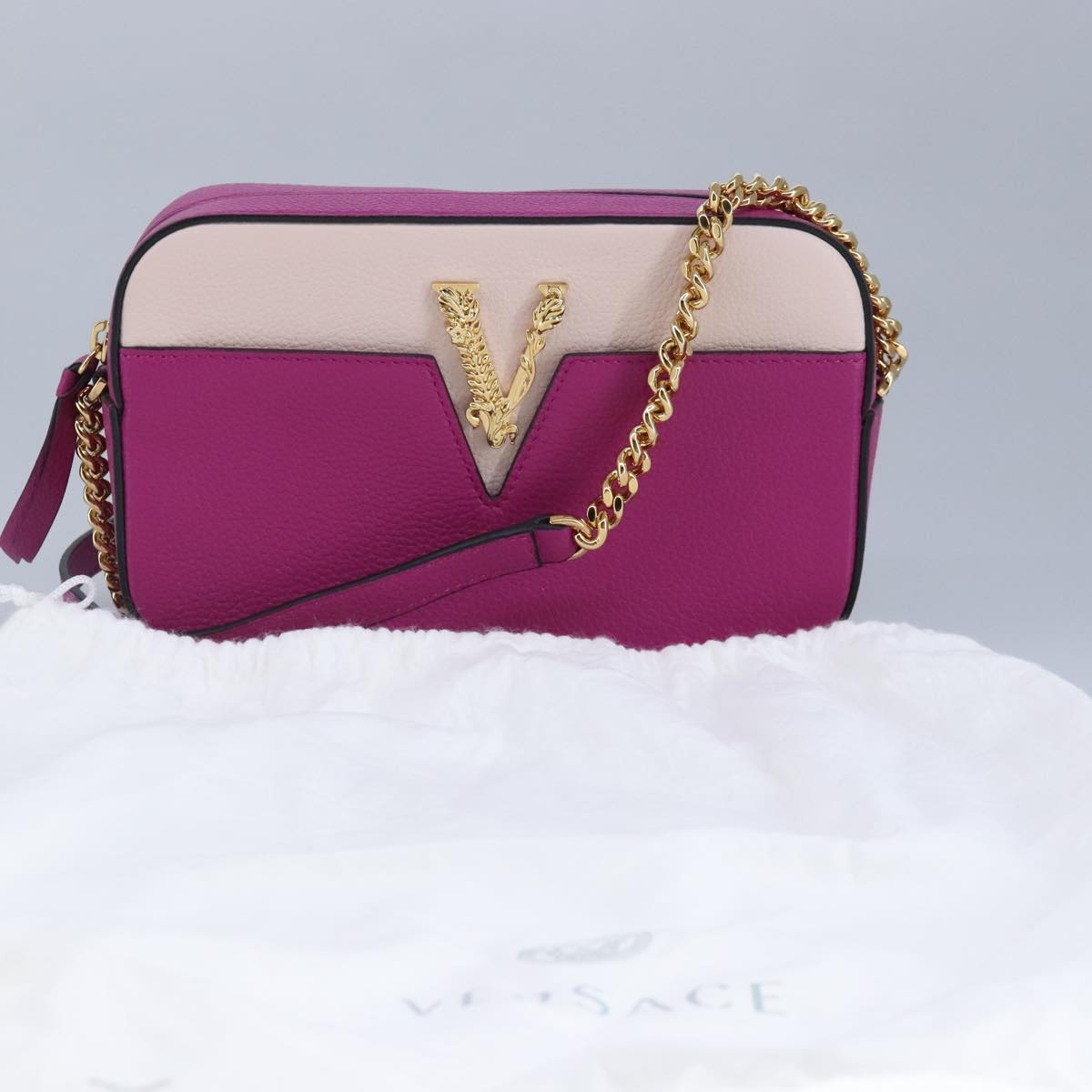 VERSACE Chain Shoulder Bag Leather Pink Gold Auth 99384