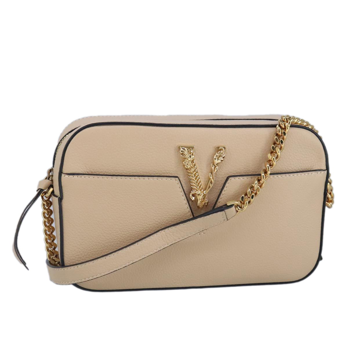 VERSACE Chain Shoulder Bag Leather Beige Gold Auth 99387