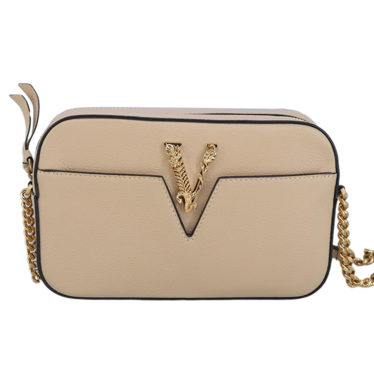 VERSACE Chain Shoulder Bag Leather Beige Gold Auth 99387