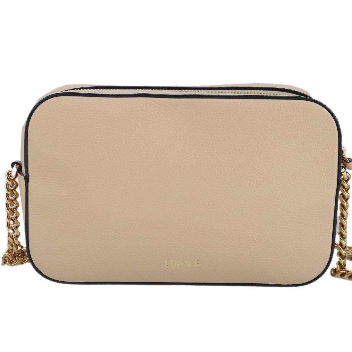 VERSACE Chain Shoulder Bag Leather Beige Gold Auth 99387 - 0