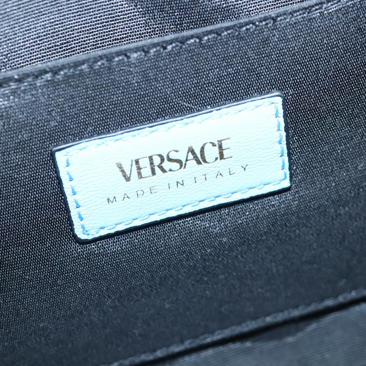 VERSACE Chain Shoulder Bag Leather Light Blue Gold Auth 99391