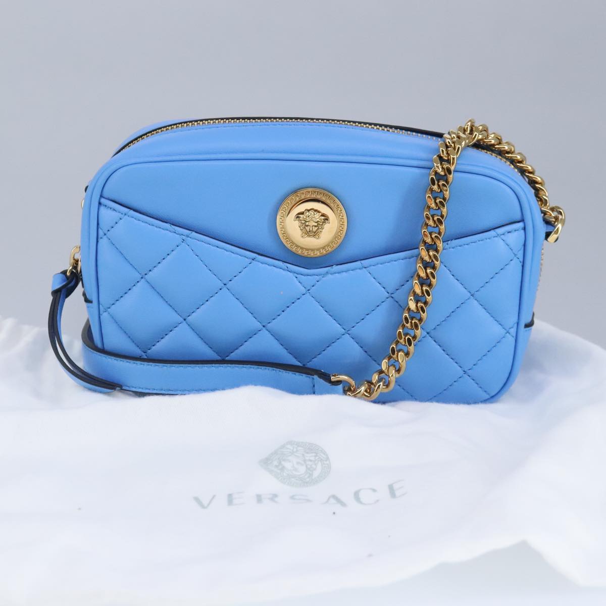 VERSACE Chain Shoulder Bag Leather Light Blue Gold Auth 99391