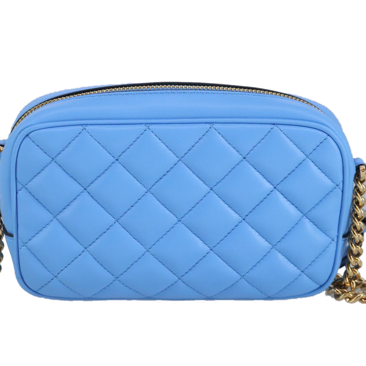 VERSACE Chain Shoulder Bag Leather Light Blue Gold Auth 99391 - 0