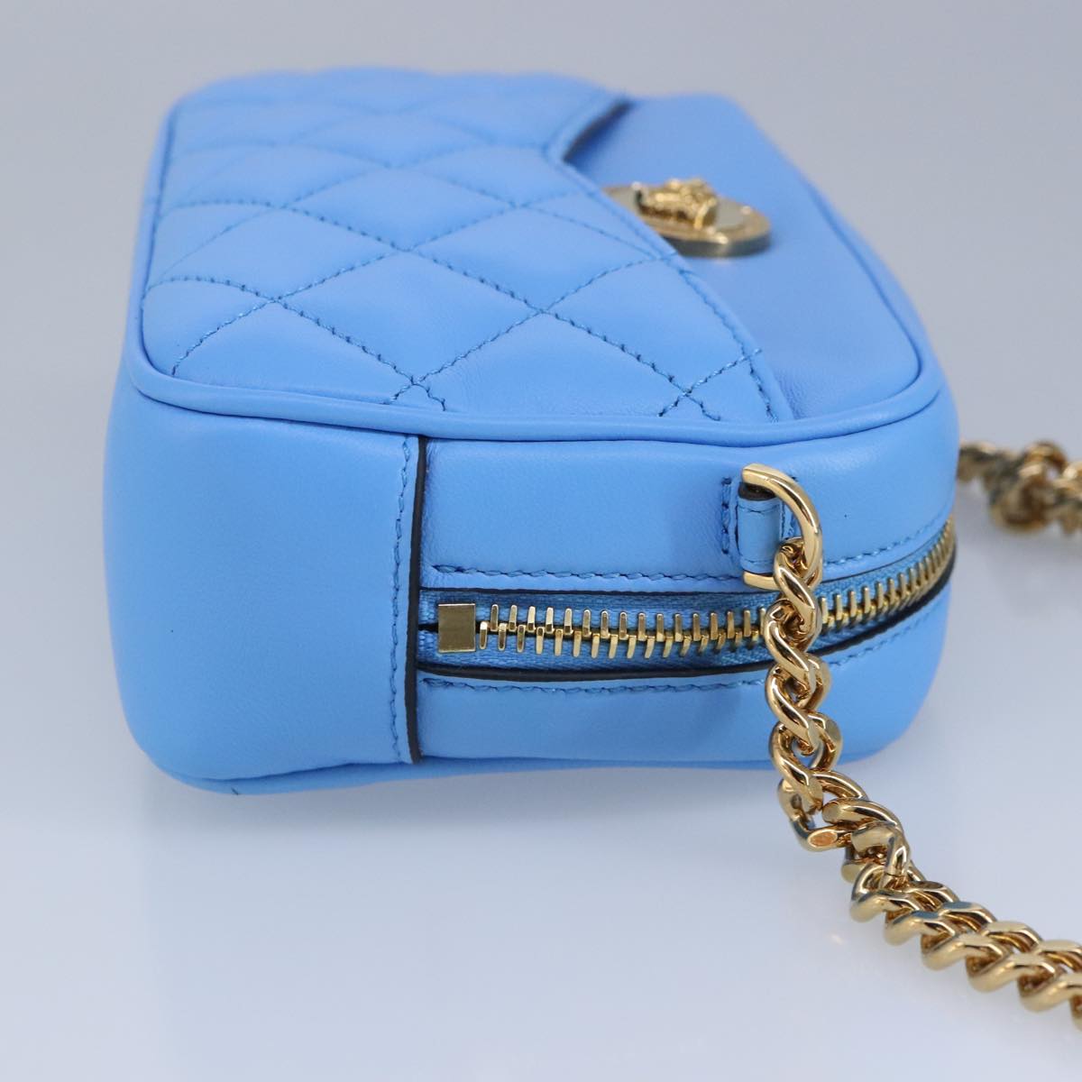 VERSACE Chain Shoulder Bag Leather Light Blue Gold Auth 99391