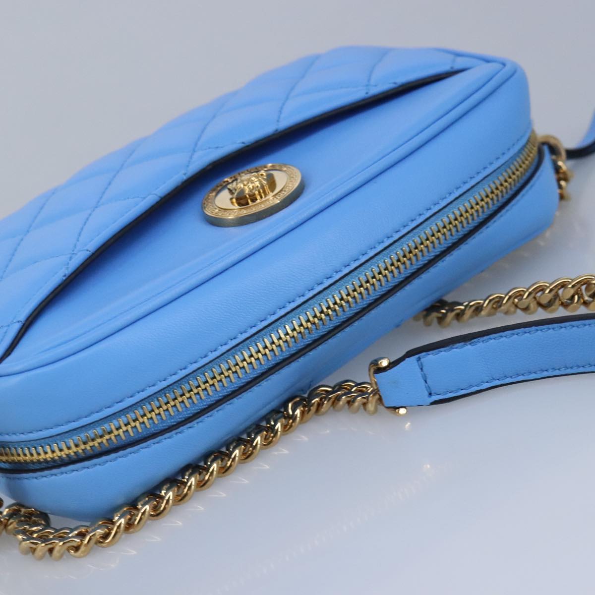 VERSACE Chain Shoulder Bag Leather Light Blue Gold Auth 99391