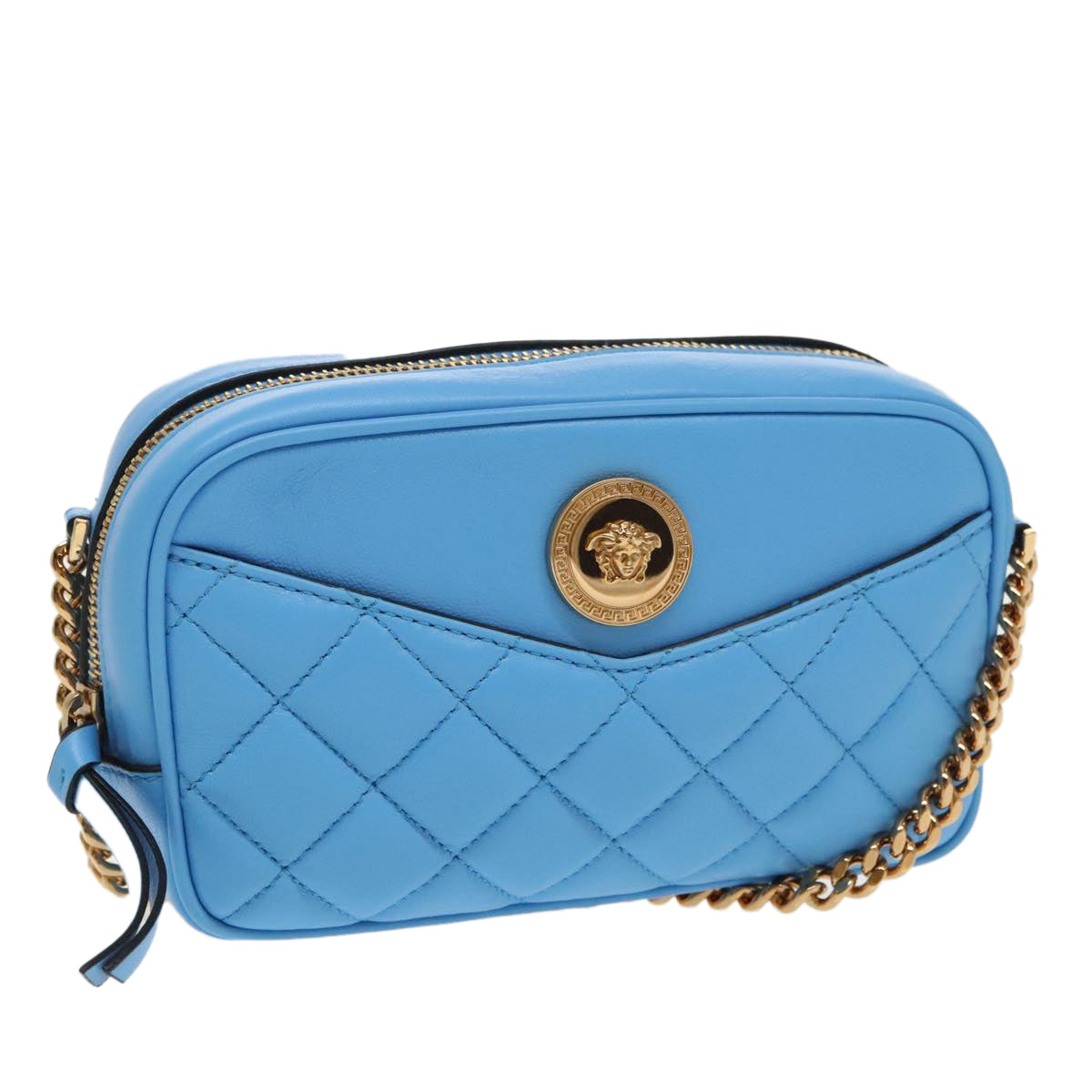 VERSACE Chain Shoulder Bag Leather Light Blue Gold Auth 99392