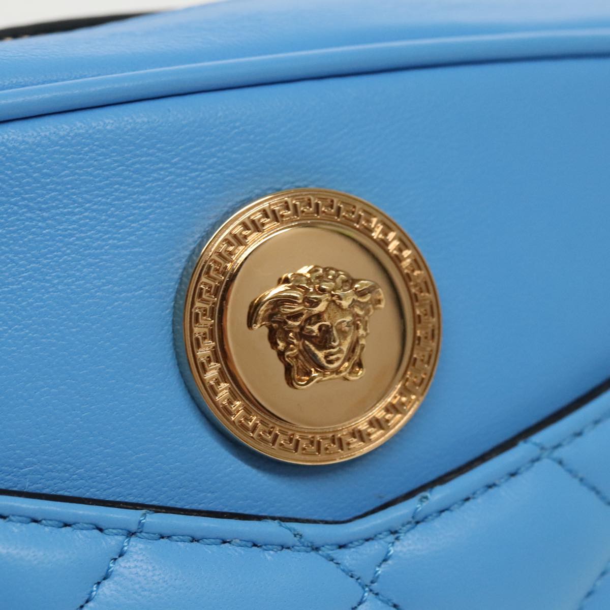 VERSACE Chain Shoulder Bag Leather Light Blue Gold Auth 99392