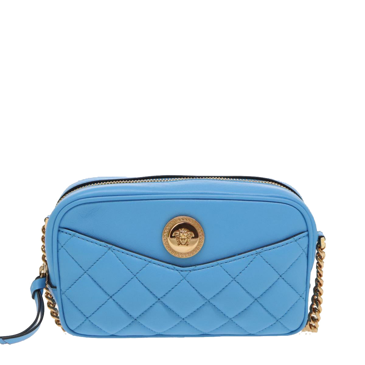 VERSACE Chain Shoulder Bag Leather Light Blue Gold Auth 99392