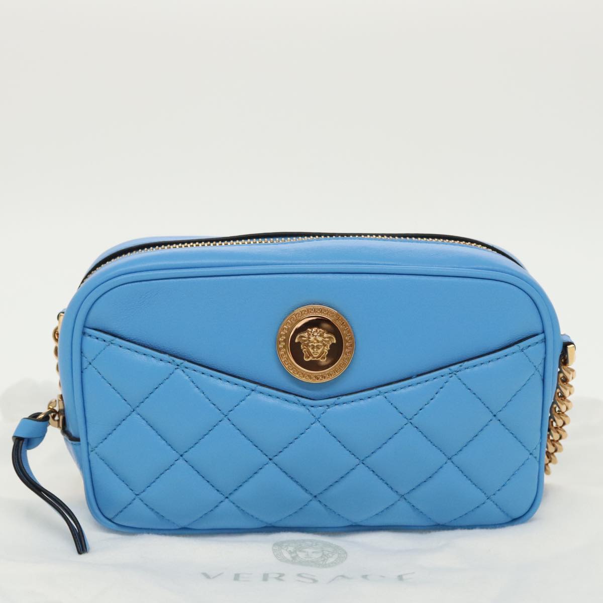 VERSACE Chain Shoulder Bag Leather Light Blue Gold Auth 99392