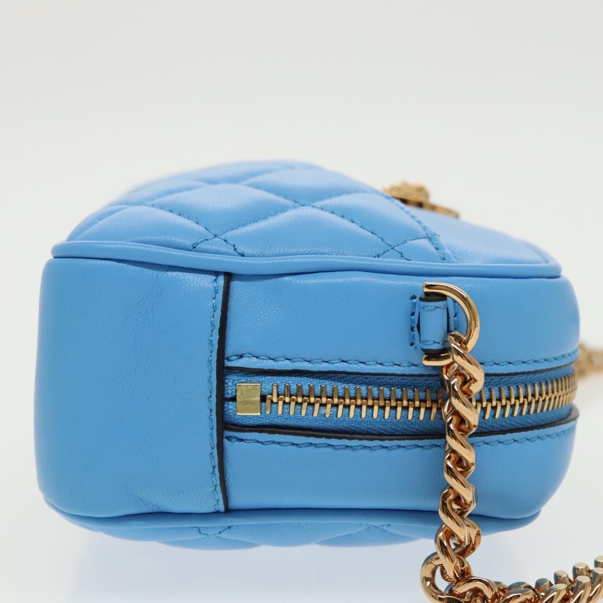 VERSACE Chain Shoulder Bag Leather Light Blue Gold Auth 99392